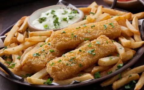 Knusprige Fischstäbchen mit Pommes und Dip. Perfekt paniert ohne Ei, garniert mit Petersilie. Ein Genuss für Groß und Klein.