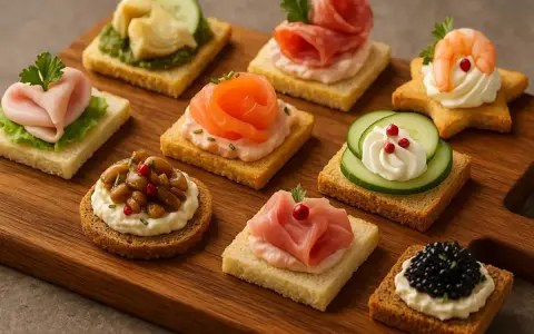 Varietà di tartine per aperitivo su tagliere: salmone, gamberetti, caviale, salumi, prosciutto, verdure e paté.