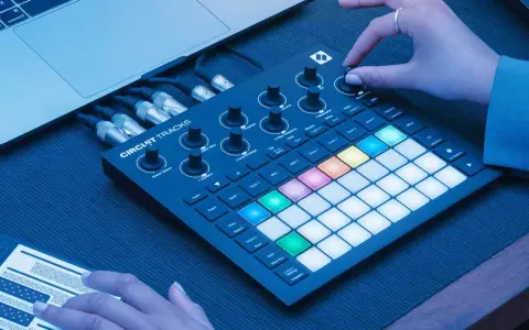 Ręce tworzą muzykę na Novation Circuit Rhythm, z podłączonym laptopem i kablami.