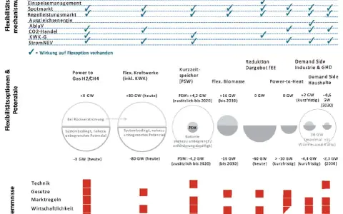 Übersicht über Flexibilitätsmechanismen und Potenziale im **energy market**. Zeigt verschiedene Optionen wie Power-to-Gas, Speicher und Demand Side Management.