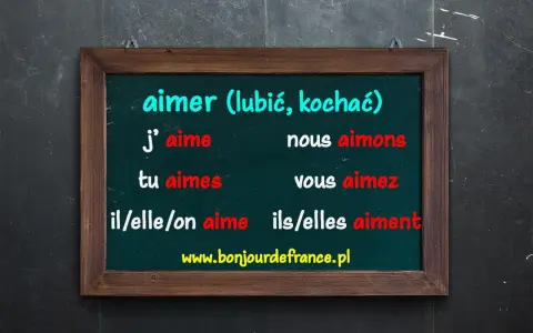 Tablica z odmianą czasownika "aimer" (lubić, kochać) po francusku. "J'aime" to ja lubię.