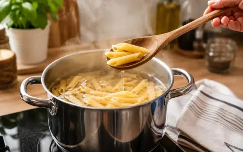 Drewniana łyżka z penne nad garnkiem wrzącej wody. Prosty sposób, jak ugotować makaron do perfekcji.
