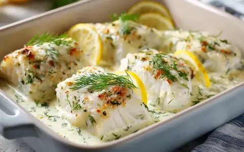 Ugnsbakad torskrygg i krämig sås med citron och dill. Ett perfekt torskrygg recept för en festlig middag.