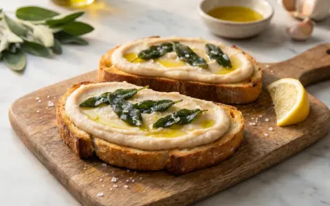 Två rostade brödskivor med krämig bönröra, salvia och olivolja. Ett enkelt och gott bruschetta recept.