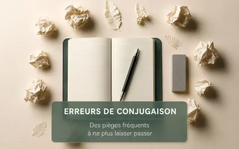 Un cahier ouvert, un stylo, une gomme et des boules de papier froissé. Il vaut mieux maîtriser la conjugaison pour éviter les erreurs.