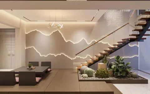 Intérieur moderne avec escalier en bois, éclairage mural en forme de montagnes et mobilier épuré.