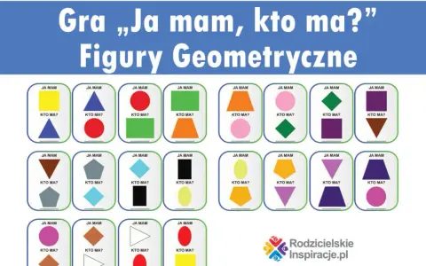 Kolorowe karty z figurami geometrycznymi do gry "Ja mam, kto ma?". Idealne kształty do druku dla dzieci.