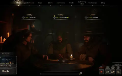 Tres aventureros esperan en la penumbra, listos para adentrarse en lo **dark and darker**. Un guerrero, un explorador y un clérigo se preparan para la misión.