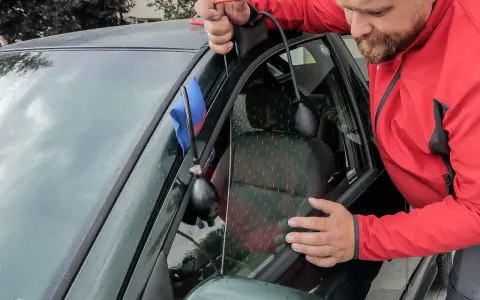 Mężczyzna używa pompki i narzędzia do otwierania drzwi, gdy zatrzasnął kluczyki w samochodzie. Jak otworzyć auto bez kluczyka?
