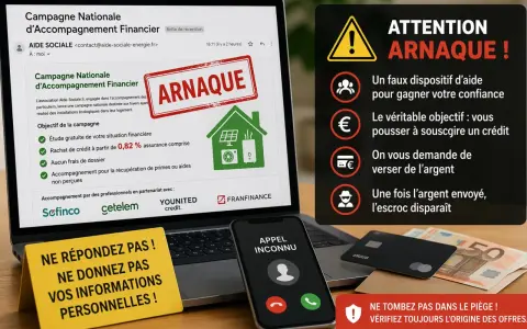 Attention arnaque ! Un faux démarchage pour un bilan énergétique gratuit promet un crédit mais vise à vous escroquer. Ne donnez jamais vos infos.