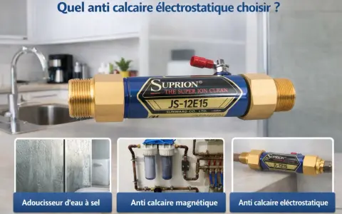 Le Supurion JS-12E15, un type adoucisseur d'eau électrostatique, est présenté dans une cuisine. Trois options sont montrées : adoucisseur à sel, anti calcaire magnétique et électrostatique.
