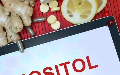 Tablet z napisem "INOZYTOL CO TO", obok imbir, cytryna, kapsułki i tabletki.