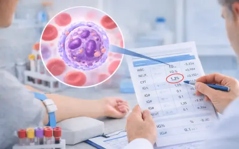 Analiza morfologii krwi: lekarz wskazuje na wynik 1,3% IG% na wydruku badań. W tle widoczna jest komórka zapalna i krwinki czerwone.