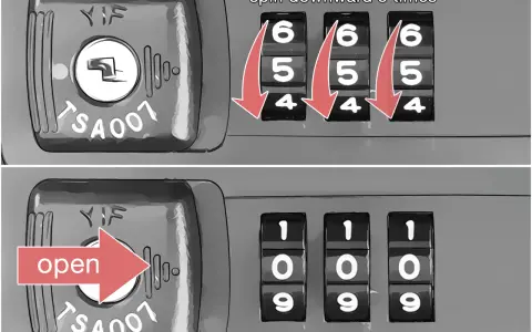Jak odblokować zamek w walizce Wittchen: obróć pokrętła 5 razy w dół, aż pojawi się "109", a następnie otwórz.