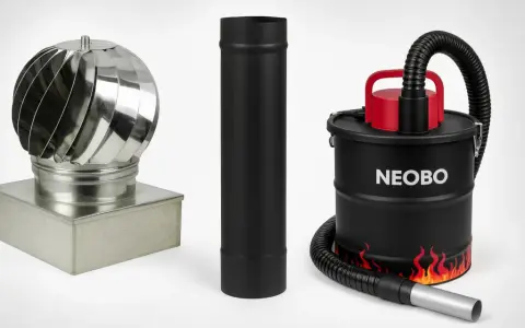 A stainless steel chimney cap, a black stove pipe, and a black ash vacuum with red accents and flame graphics.