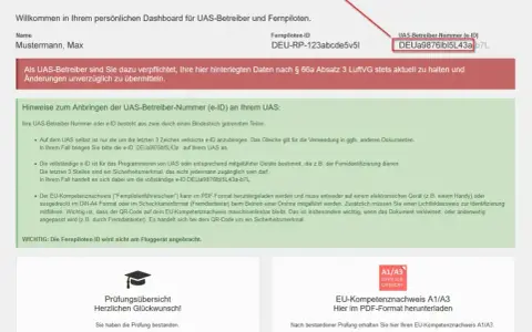 Dashboard für Drohnenpiloten mit Kennzeichen und UAS-Betreiber-Nummer (e-ID). Max Mustermann hat die Prüfung bestanden.