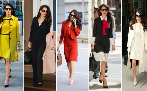 Amal Clooney's fashion style showcases bold colors and sharp tailoring. She's seen in a vibrant yellow coat, a classic black suit, a striking red ensemble, a chic black and white dress, and an elegant cream trench coat.