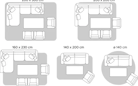 Diverse misure tappeti per arredare il soggiorno: da 200x300 cm a Ø 140 cm, con diverse configurazioni di divani e poltrone.