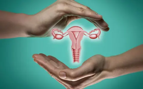 Dłonie otaczają macicę z jajowodami. Ilustracja symbolizuje troskę o zdrowie reprodukcyjne i pokazuje, jak wyczuć zamkniętą szyjkę macicy.