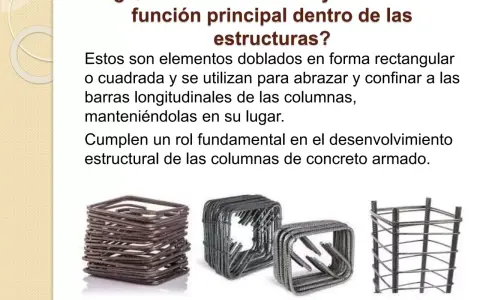Estribos de construcción, elementos metálicos doblados que confinan barras longitudinales, esenciales para la resistencia de columnas de concreto armado.