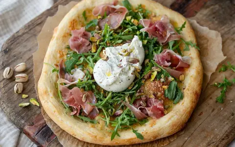 Pizza med burrata, prosciutto och pistagenötter. En härlig kombination av krämighet och sälta.
