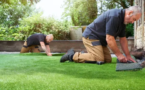 Dos hombres trabajan en un jardín, instalando césped artificial. Uno corta el borde mientras el otro lo alisa.