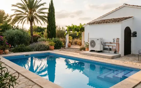 Piscina de baldosas azules con escalones, rodeada de un jardín exuberante y una casa blanca. El sol del atardecer ilumina el **suelo radiante** de la zona de la **piscina**.
