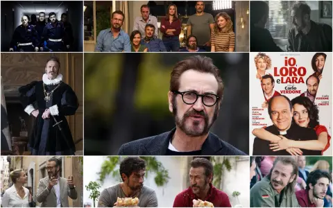 Marco Giallini in diverse scene di film e programmi TV: poliziotto, nobile, protagonista di "Io, loro e Lara".