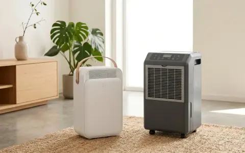 Dos tipos de deshumidificadores, uno blanco y portátil, otro gris con ruedas, en una sala de estar moderna.