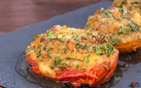 Pomodori gratinati in padella, con croccante panatura alle erbe e formaggio, serviti su una pietra scura.