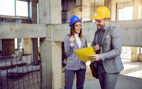 Architekci w kaskach rozmawiają na budowie, trzymając żółty folder.