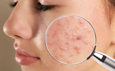 Primer plano de piel con imperfecciones, poros dilatados y granitos visibles bajo lupa. Ideal para mostrar métodos para quitar comedones.