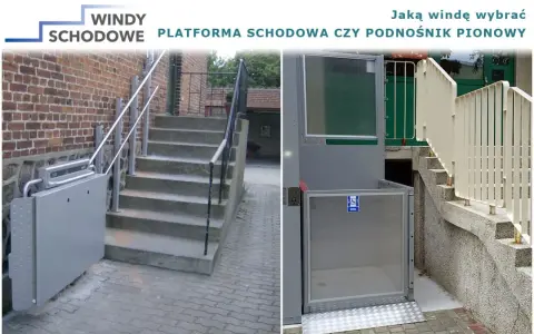Platforma schodowa i podnośnik pionowy ułatwiające poruszanie się osobom niepełnosprawnym.