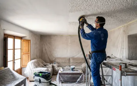 Un trabajador con mono azul usa una lijadora para alisar paredes y techos, protegiendo muebles y suelo con plástico.