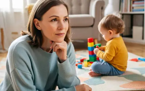 Kobieta na urlopie wychowawczym zamyślona, podczas gdy dziecko bawi się klockami. Czy to dobry czas na przedszkole?
