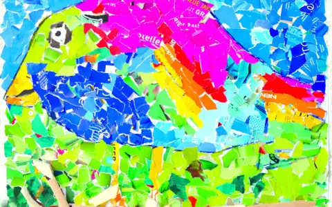 Buntes Collage-Kunstwerk eines Vogels, das zeigt, wie Kinder malen.