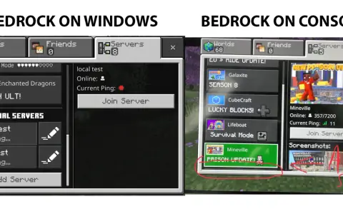 Porównanie interfejsów serwerów w grze Minecraft Bedrock na Windows i konsoli. Widoczne są różne opcje serwerów, w tym "Mineville" z aktualizacją więzienia, co pokazuje możliwości gry w **minecraft gry online**.