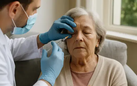 Medico con guanti esegue iniezioni intravitreali a un'anziana. Valutare attentamente le iniezioni intravitreali controindicazioni prima del trattamento.