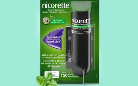 Nicorette QuickMist VapoÉclair: frische Minze, 1 mg Nikotin pro Sprühstoß, ca. 150 Sprühstöße. Hilft bei Rauchverlangen.