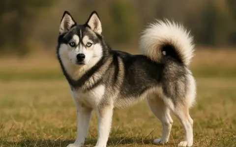 Un magnifique chien pomsky aux yeux bleus perçants se tient fièrement dans un champ herbeux, sa queue touffue enroulée sur son dos.