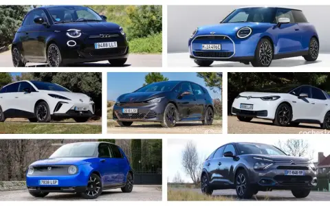 Variedad de tipos de vehículos eléctricos: Fiat 500e, Mini Cooper SE, MG4, Cupra Born, VW ID.3, Honda e y Citroën ë-C4.