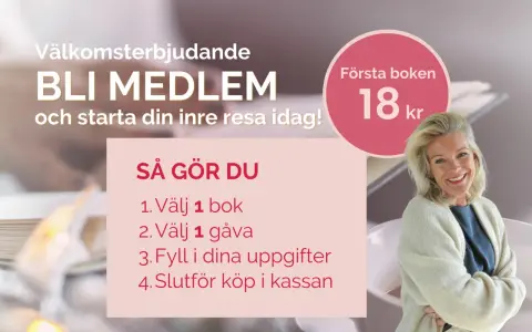 Bli medlem och starta din inre resa idag! Erbjudande: första boken för 18 kr. En glad kvinna ler.