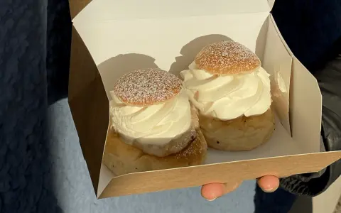 Två fluffiga semlor i en pappkartong, redo för fettisdagen 2026. Perfekt för en fika!