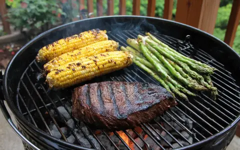 Grillad biff, majskolvar och sparris på en klotgrill. Perfekt för grymma grillrecept en sommardag.