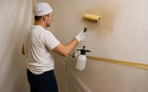 Hombre con rodillo y pulverizador, trabajando para quitar gotele plástico de la pared.