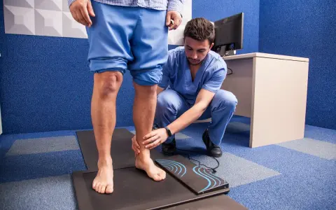 Un podologue examine le pied d'un patient sur un tapis de mesure, dans le cadre d'une consultation de pédicurie.