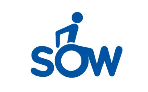 Niebieski symbol osoby na wózku inwalidzkim, tworzący literę "SOW". Informacja o dofinansowanie do wózka inwalidzkiego PCPR.