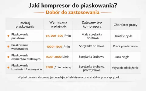 Tabela podpowiada, jakie ciśnienie do piaskowania jest potrzebne w zależności od rodzaju pracy i wydajności kompresora.