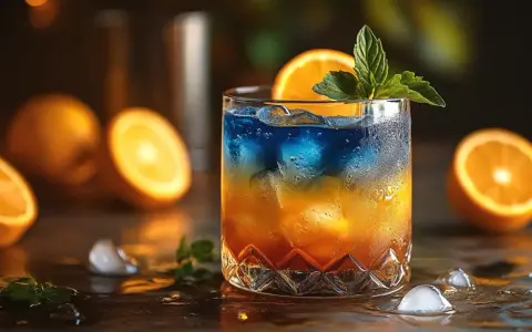 Kolorowe drinki przepisy: dwukolorowy koktajl z pomarańczą i miętą, otoczony owocami i lodem.
