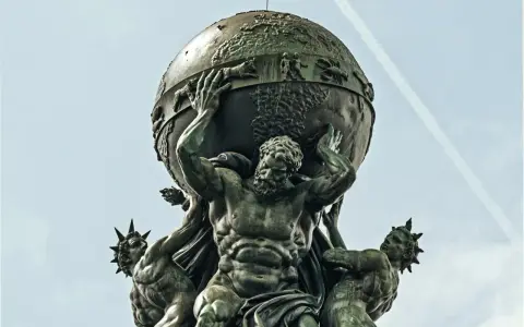 Atlas, punished for his role in the Titanomachy, bears the weight of the world. This bronze sculpture depicts him straining under the celestial sphere.
